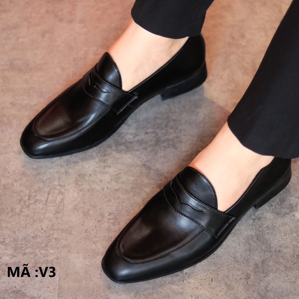 Giày Lười Nam Da Mềm Đế Khâu mã V3  - Giày Nam Công Sở Màu Đen Đế Cao 3cm - Giày Nam Giá Rẻ