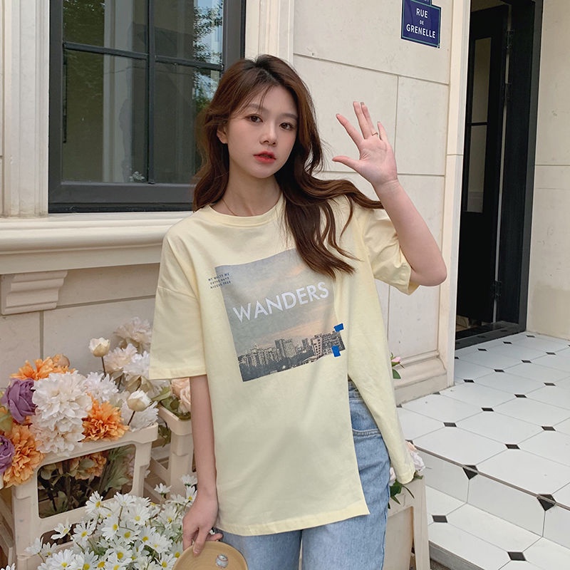 Áo thun IELGY ngắn tay xẻ tà in họa tiết phong cách Hàn Quốc dành cho nữ