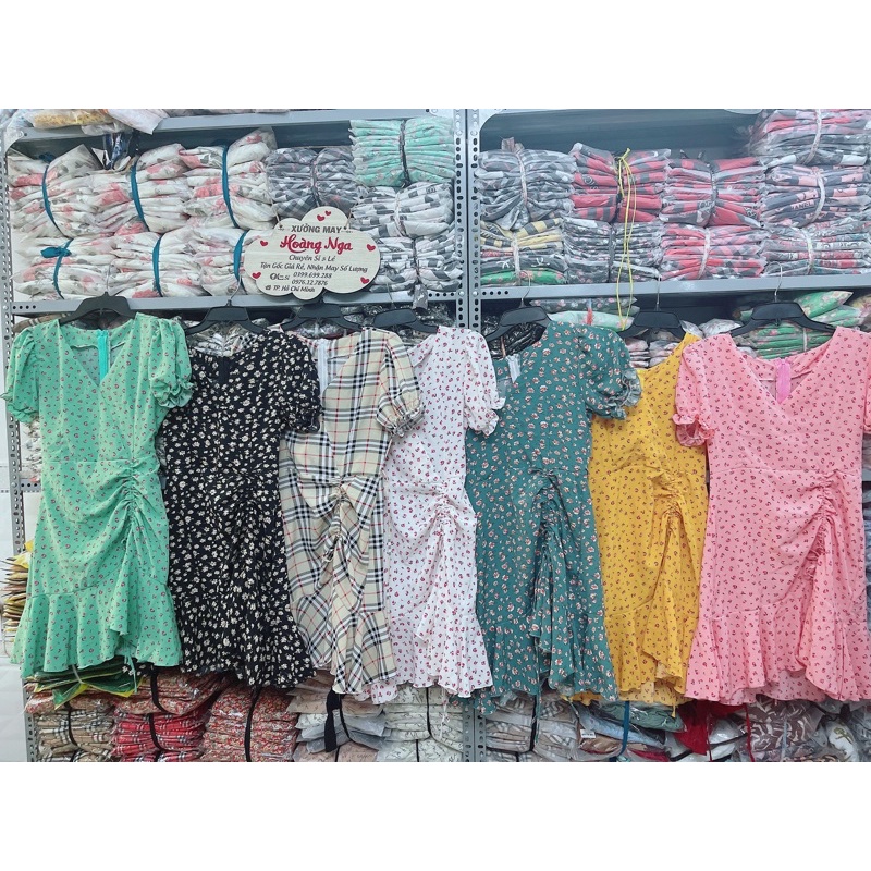 Đầm cổ tim tay phồng dây rút hông