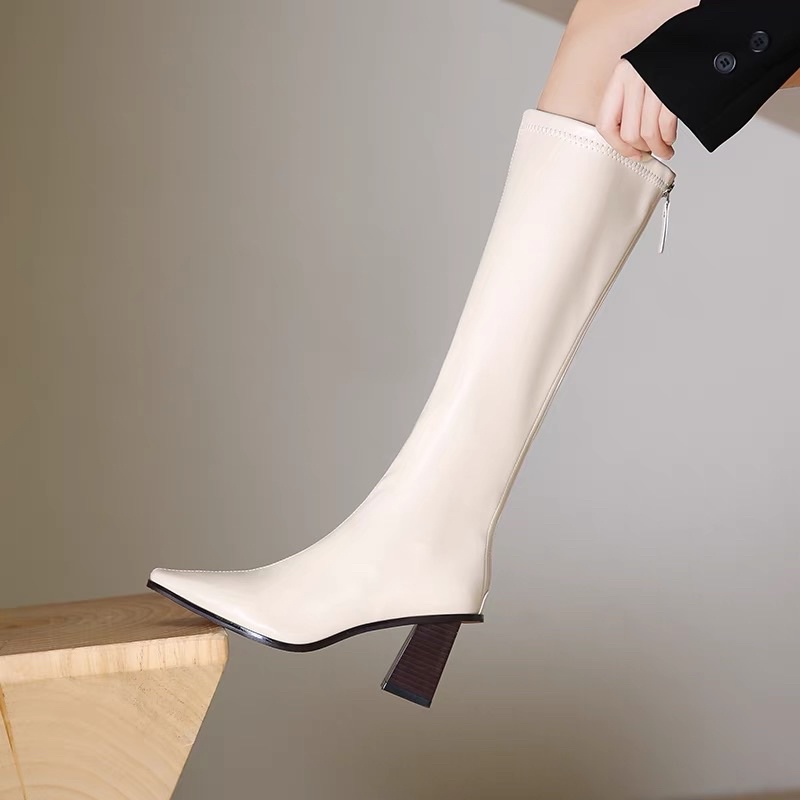 (HÀNG CÓ SẴN) A66-1 Bốt đùi mũi nhọn da mềm gót vân gỗ 7,5cm BIG SIZE 40-43