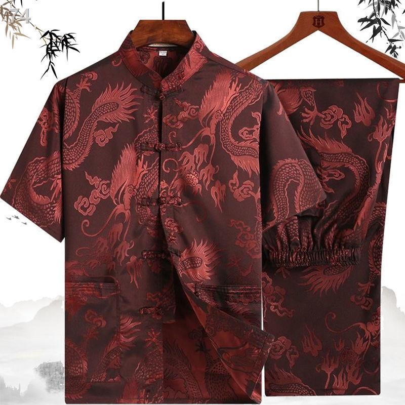 Summer ice silk Tang suit nam ngắn- Áo sơ mi lụa tay phù hợp với người trung niên và cao tuổi Người cha Trung Quốc ăn mặ