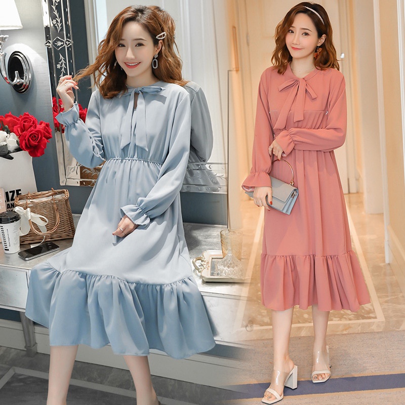 Đầm tay dài cổ thắt nơ thời trang mùa thu cho mẹ bầu