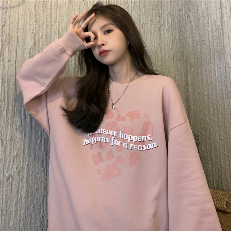 Áo sweater tay dài dáng rộng in hình trái tim kiểu Hàn năng động thời trang dành cho nữ