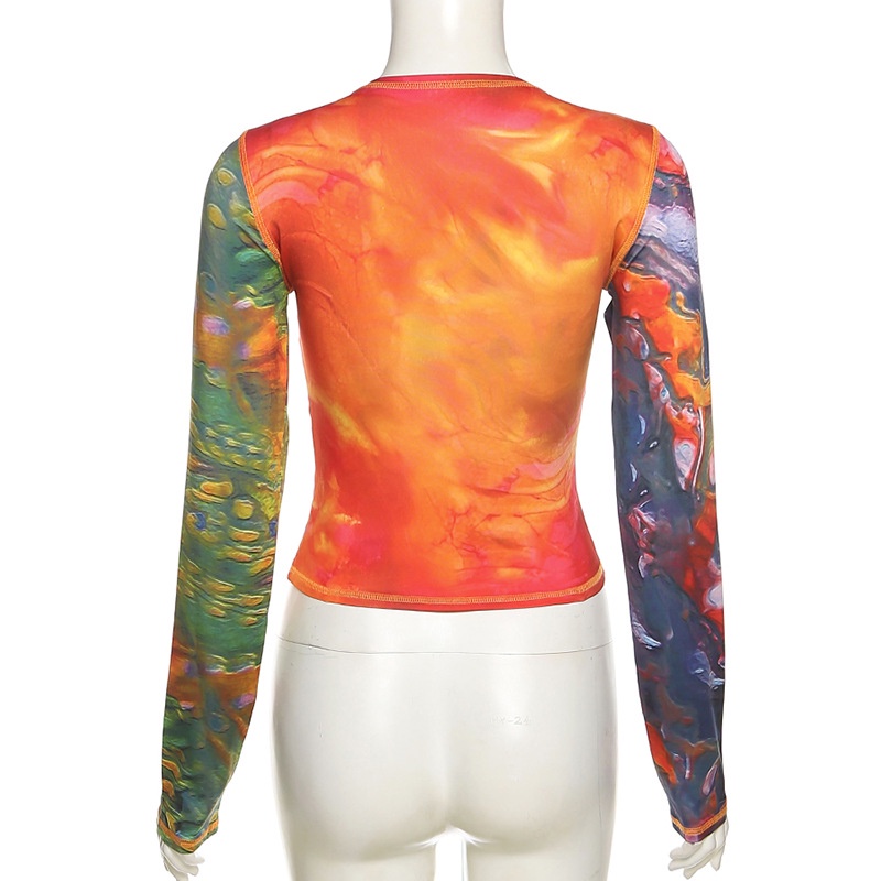 DUNEA Áo thun tay dài cổ tròn in họa tiết thời trang trẻ trung cho nữ