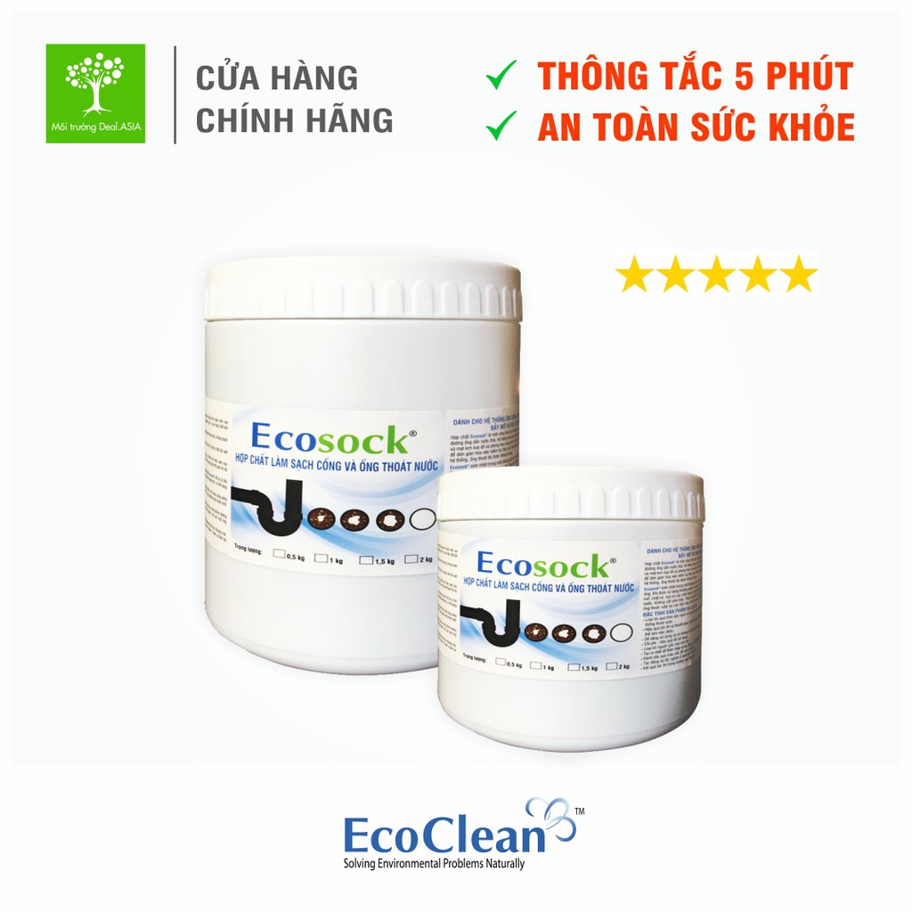 Bột Thông Tắc TỨC THỜI EcoClean EcoSock 500g - Phân Hủy Tóc, Dầu Mỡ, Thức Ăn, Chất Thải