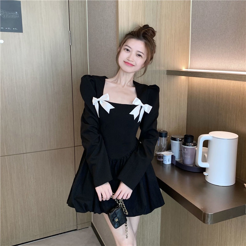 Đầm tay dài cổ thắt nơ phối màu tương phản phong cách Pháp ngọt ngào thời trang thu đông mới cho nữ 2021