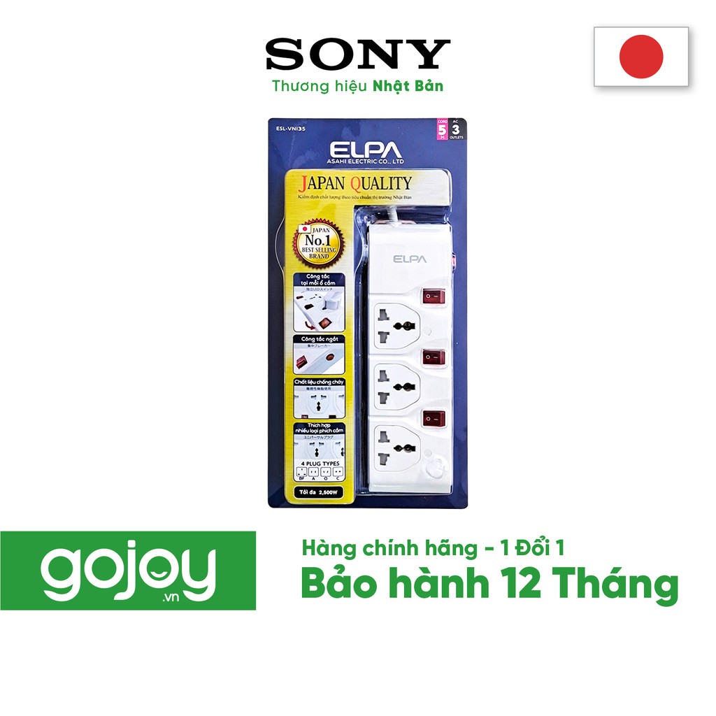 Ổ cắm Nhật 3 ổ điện dây 5m 3 công tắc ELPA ESL-VNI35 chính hãng - Bảo hành 12 tháng