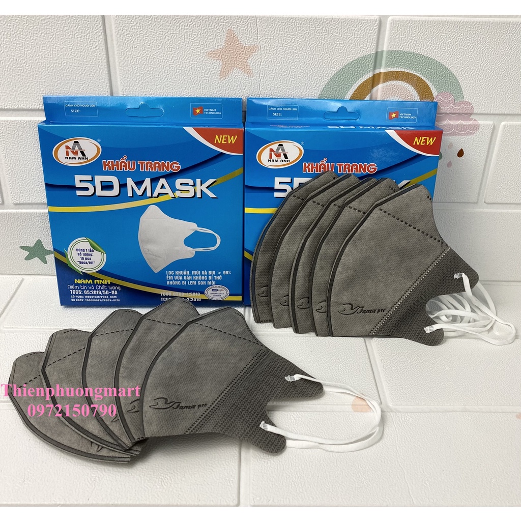 Khẩu trang 5D NAM ANH FAMAPRO 3 lớp Kháng Khuẩn 10 cái/ hộp Trắng, Hồng, Xanh Y Tế, Xanh Rêu, Xanh Navy, Xám, Đen
