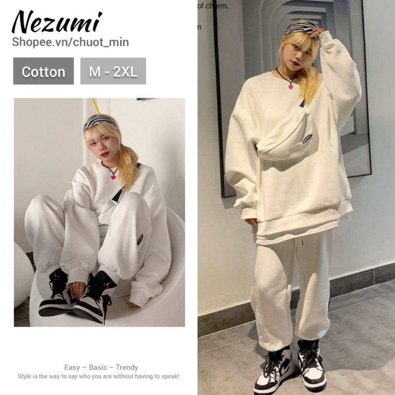 Set bộ nỉ đơn màu trơn thể thao áo sweater + quần jogger kèm túi chéo unisex nam nữ Hàn Quốc