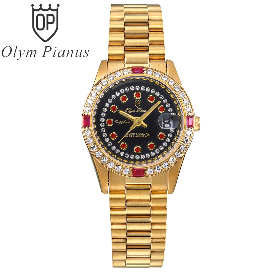 Đồng hồ nữ dây kim loại Olym Pianus OP68322 OP68322DLK mặt đen đá đỏ