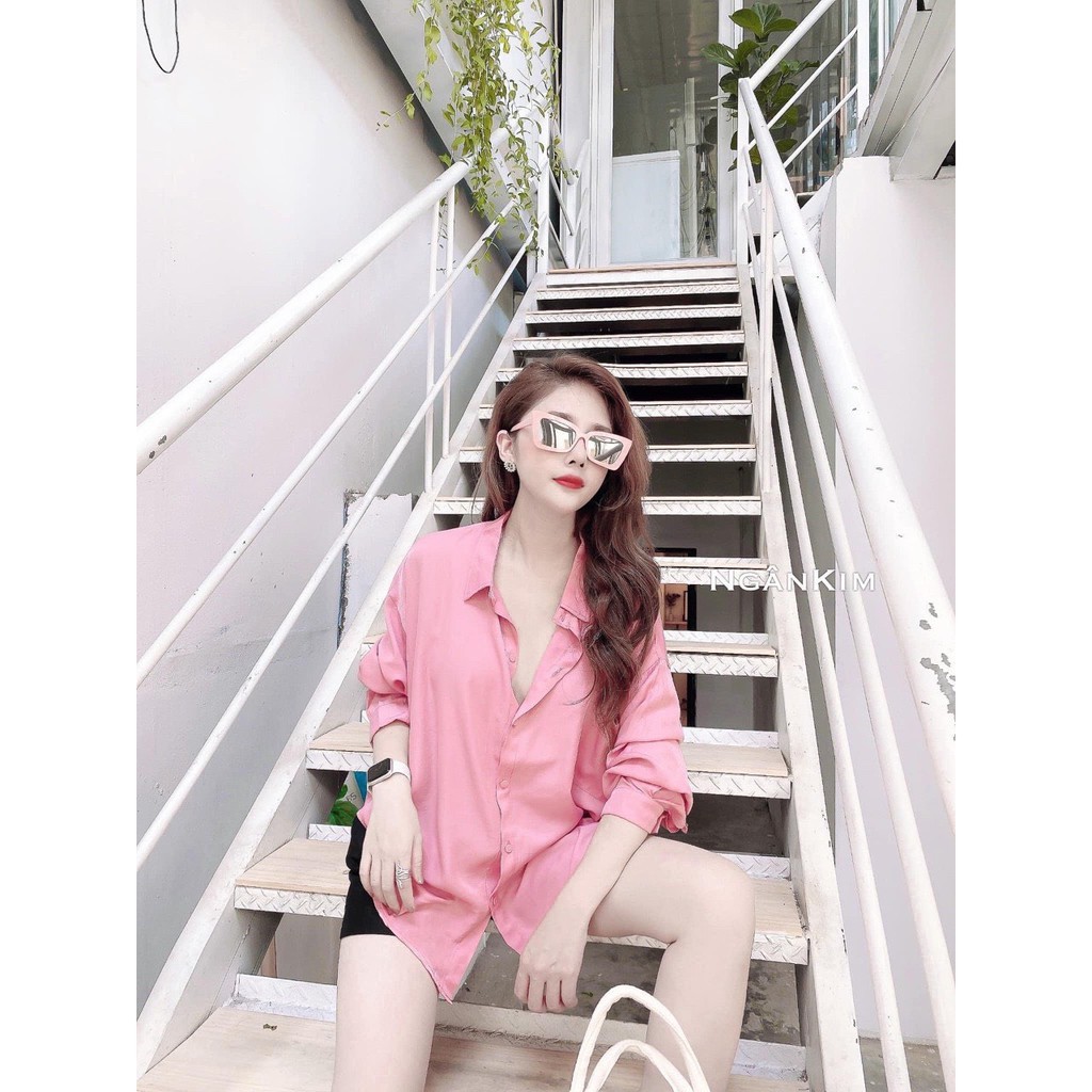 Áo sơ mi nữ phom rộng vải tơ bóng xinh xắn