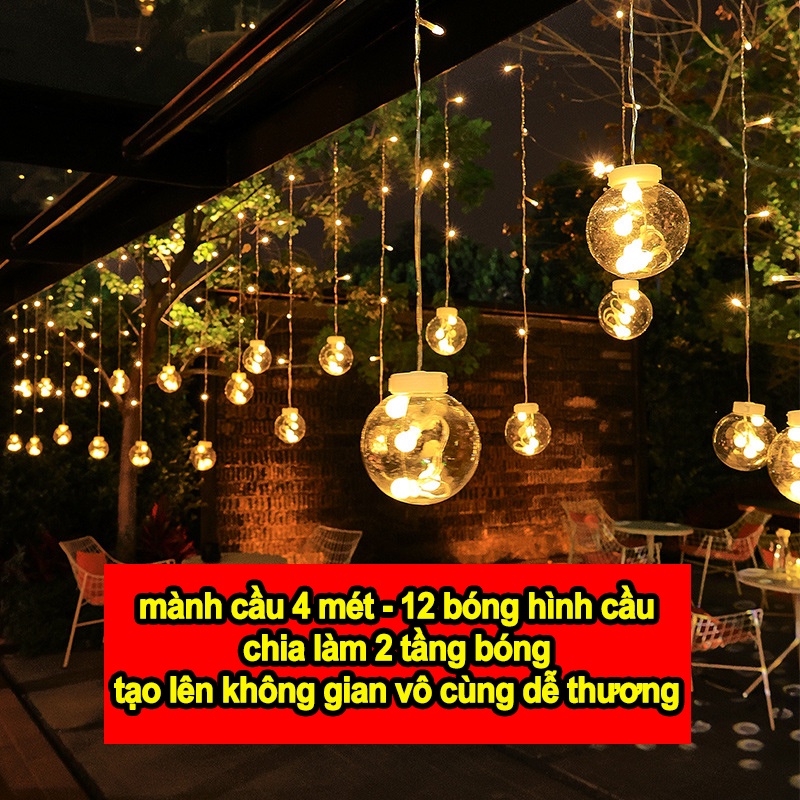 Dây Đèn Nháy Bóng Tròn To Treo Thả 12 Quả Cầu Pha Lê Trong Suốt Đường Kính 10 Cm - Đèn Treo Trang Trí Không Gian Đẹp Mắt