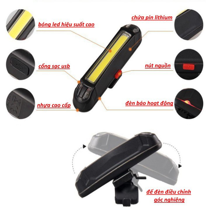 Đèn hậu xe đạp pin sạc usb chống nước, đèn led thể thao siêu sáng 5 chế độ nhấp nháy