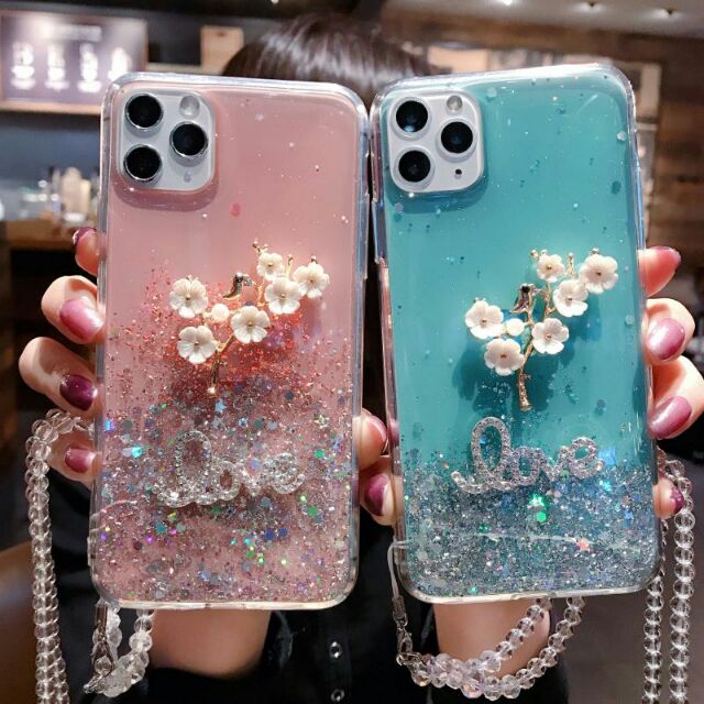 Ốp Điện Thoại Silicon Mềm Hình Hoa Đính Đá 3D Lấp Lánh Gắn Dây Đeo Cho iPhone 11 Pro Max 6 6s 7 8 Plus SE 2020 X Xs XR