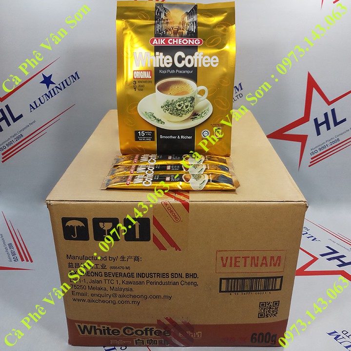 Thùng Cà phê trắng vị Truyền Thống (Original) Aik Cheong 20 bịch 600g (15 gói dài * 40g)