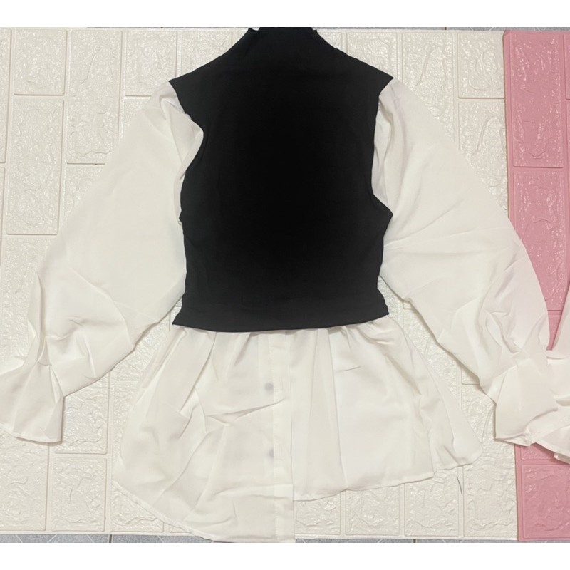 Áo sơ mi kiểu phối thun đẹp phom dài