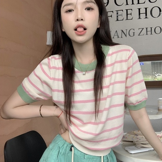 Áo thun dệt kim ZHELIHANGFEI ngắn tay họa tiết kẻ sọc phong cách thời trang dễ phối đồ