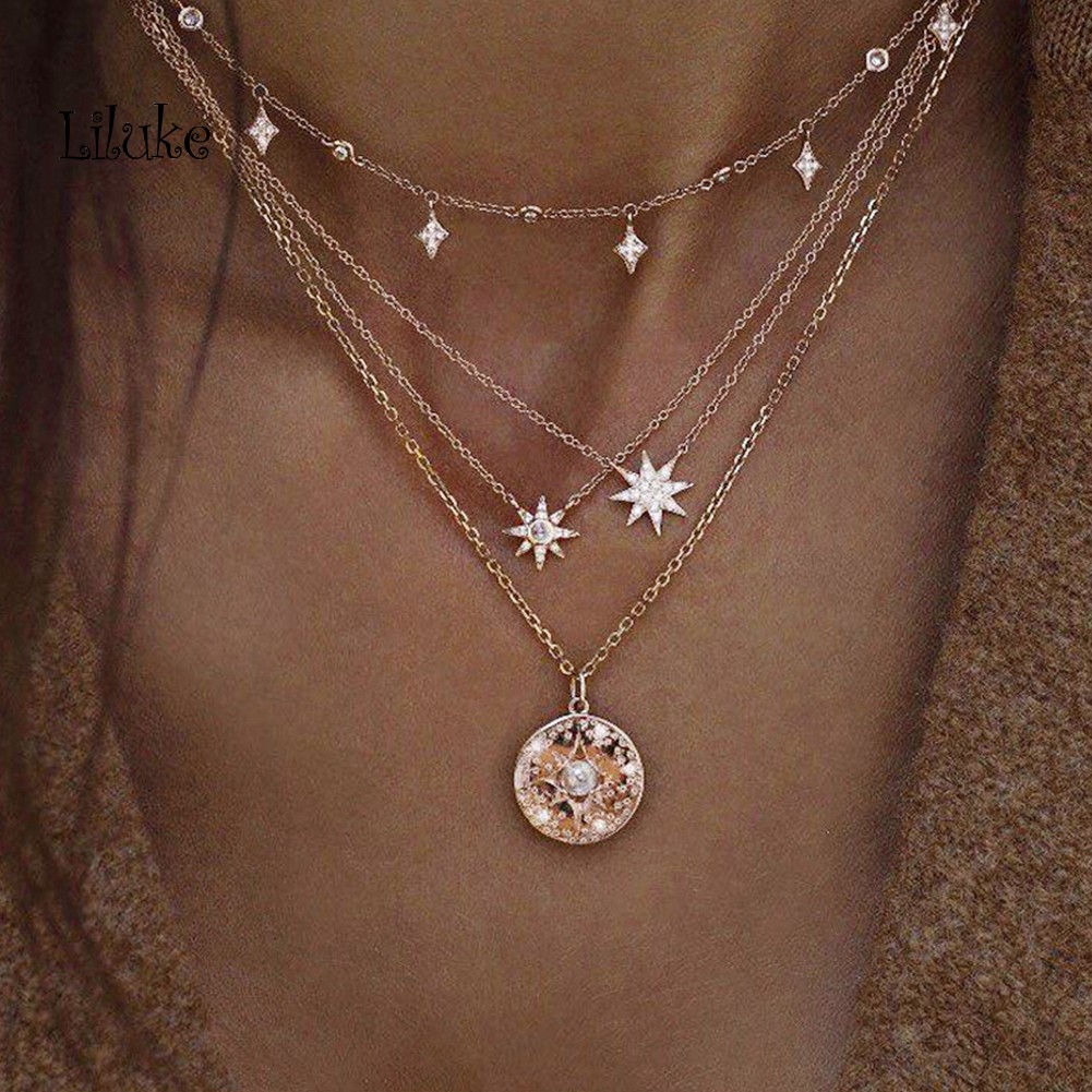 Vòng cổ Nhiều Lớp Đính Ngọc Trai Và Ngôi Sao Phong Cách Boho Cho Nữ