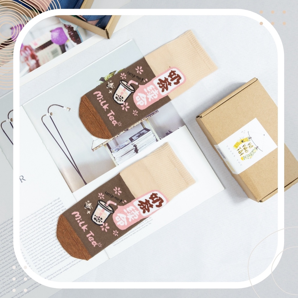 TẤT VỚ CỔ CAO HỌA TIẾT HOẠT HÌNH TRÀ SỮA