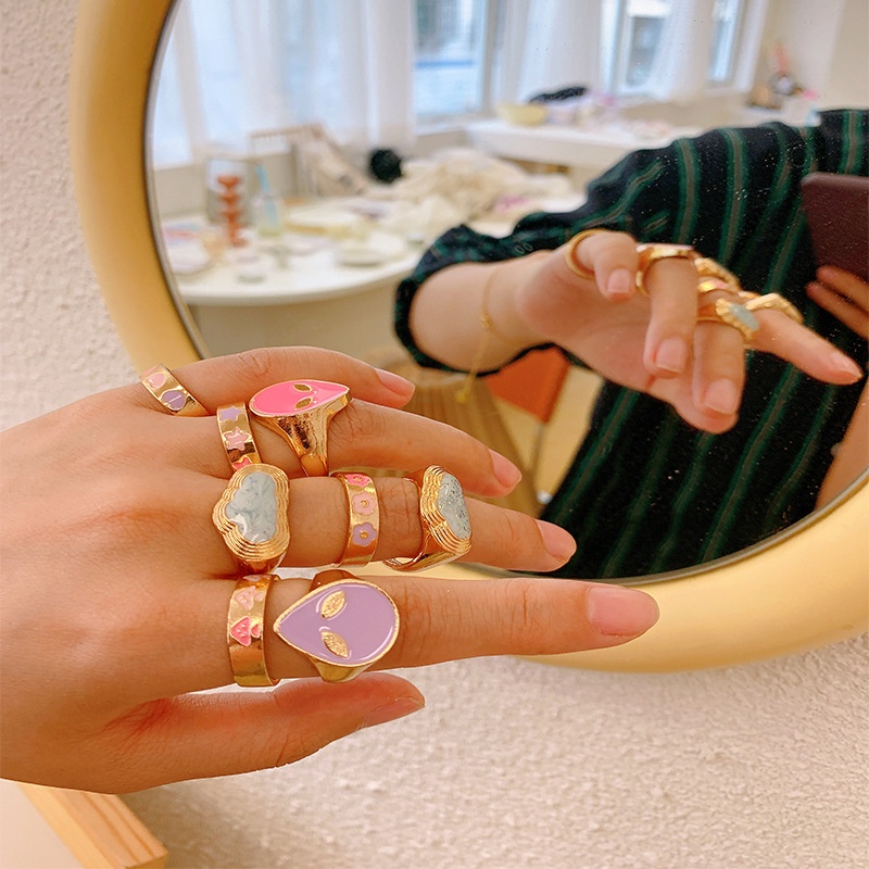 [Woman Fancy Nhẫn Dày Dặn Tráng Men Hình Trái Tim Mặt Cười Trái Tim Sành Điệu Nhiều Màu Sắc Cho Nữ