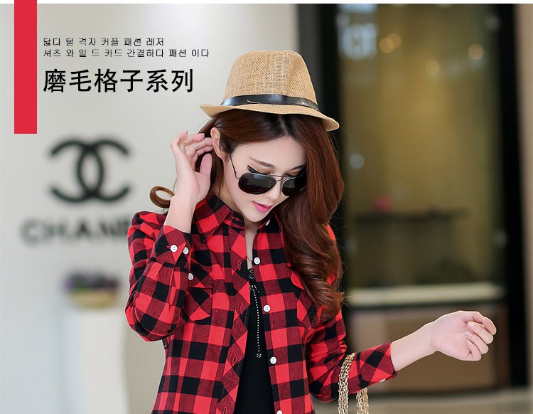 Preppy style square collar plaid shirt women's long sleeve slim fit autumn sanding underwear top shirt plus size women's