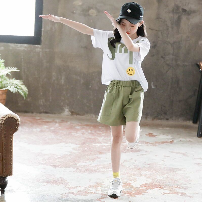 🔥🔥Set Đồ Thể Thao Phối Quần Short Cỡ Lớn Phong Cách Phương Tây Thời Trang Hè 2020 Cá Tính Cho Bé Gái 12 Tuổi