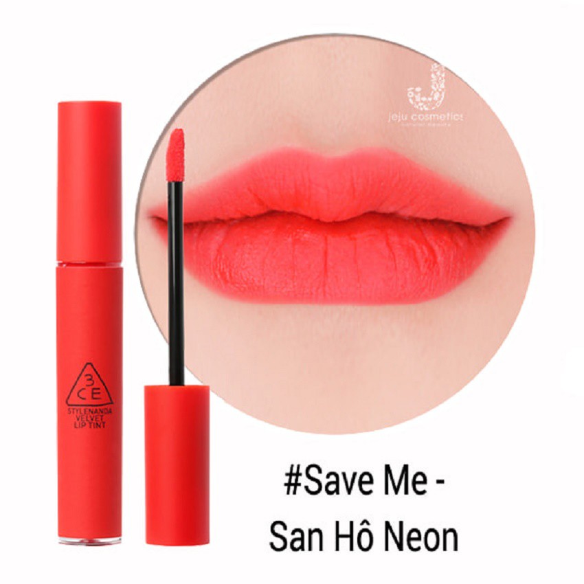 Son kem 3CE Velvet Lip Tint Save Me màu San Hô Neon nổi bật ấn tượng