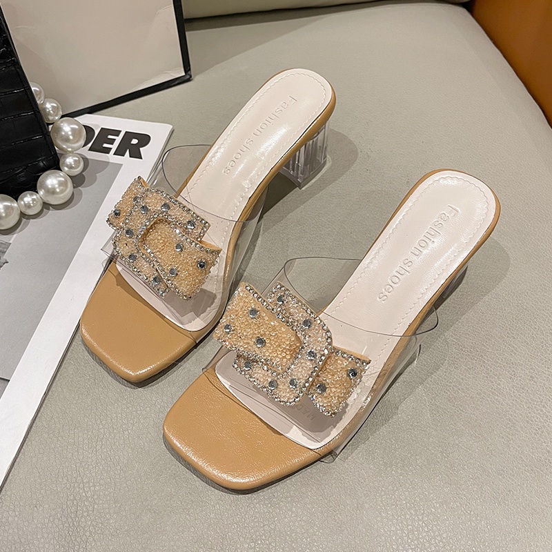 IELGY Dép  cao gót dày dặn trong suốt đính đá thời trang cho nữ