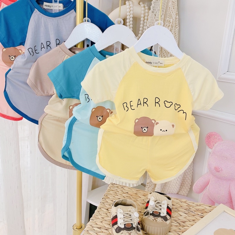 Bộ cộc thun lạnh phối màu hình gấu Minky mom bé trai/bé gái (7-16,5kg)