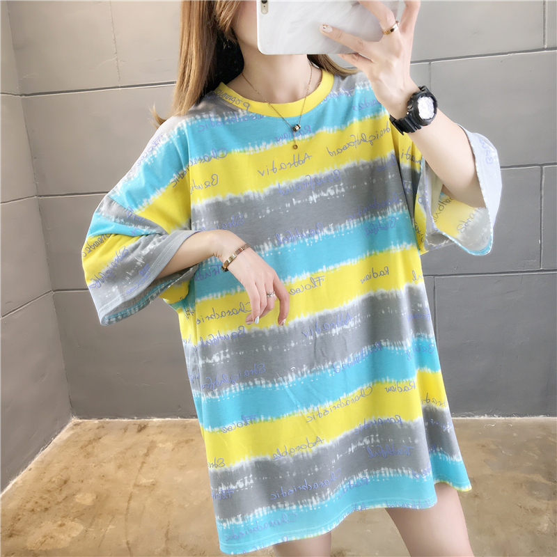 Áo Thun Tay Ngắn Cổ Tròn Họa Tiết Kẻ Sọc Phối Màu Tương Phản Thời Trang Mùa Hè