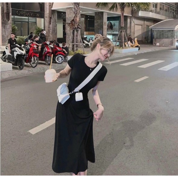 Đầm thun gân basic mẫu hot tay ngắn cổ tròn dáng midi dài xẻ tà