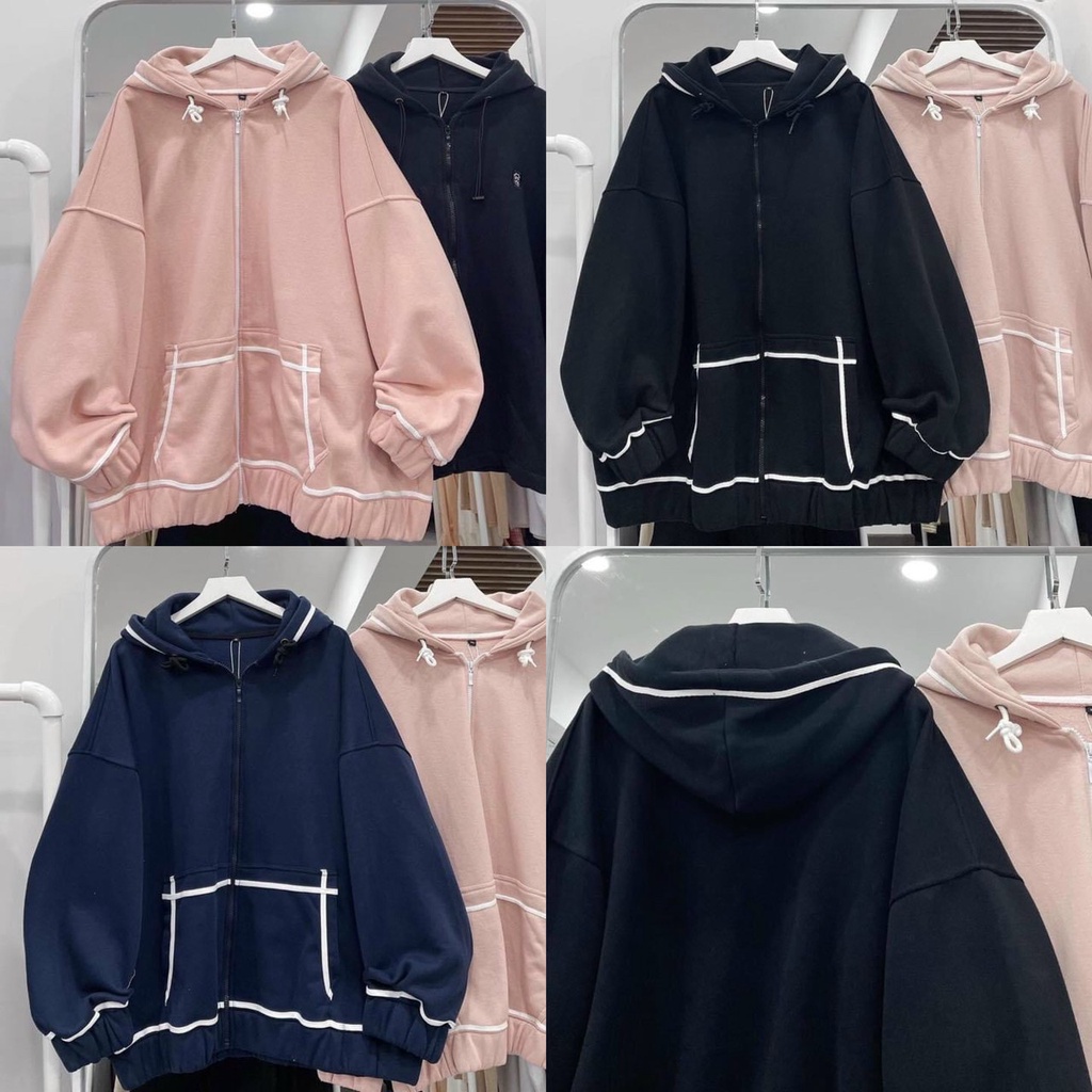 Áo khoác nỉ basic trơn viền trắng có nón form rộng freesize / Áo gió ulzzang unisex kẻ sọc