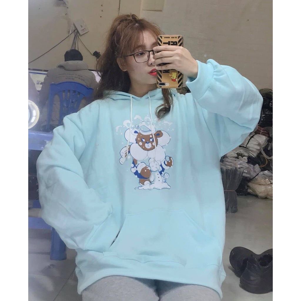 Áo hoodie nỉ hoa gấu Unisex dáng rộng siêu đẹp ảnh thật