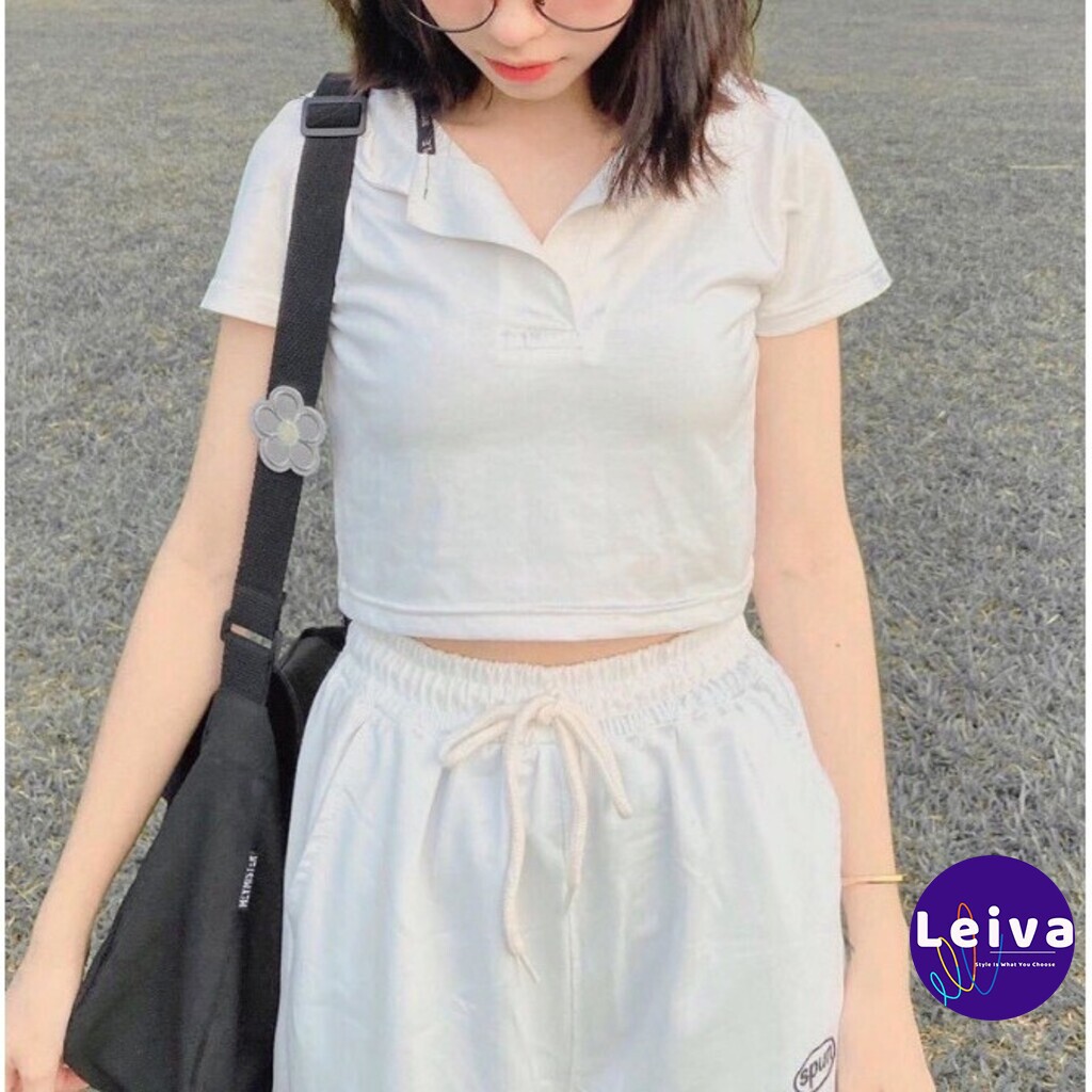 Áo croptop nữ kiểu ôm có cổ tay ngắn, Áo polo nữ croptop crt Ulzzang crop top sơ mi phông thun cổ bẻ sexy cá tính đen | BigBuy360 - bigbuy360.vn