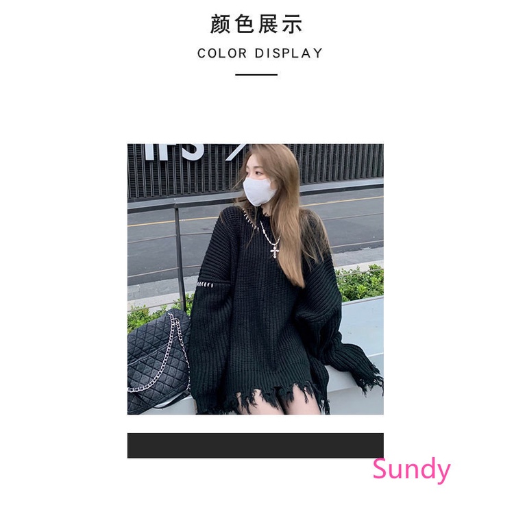 Áo Sweater Dệt Kim Tay Dài Thiết Kế Rách Thời Trang Mùa Thu Phong Cách Hàn Quốc Cho Nữ Có Size Lớn