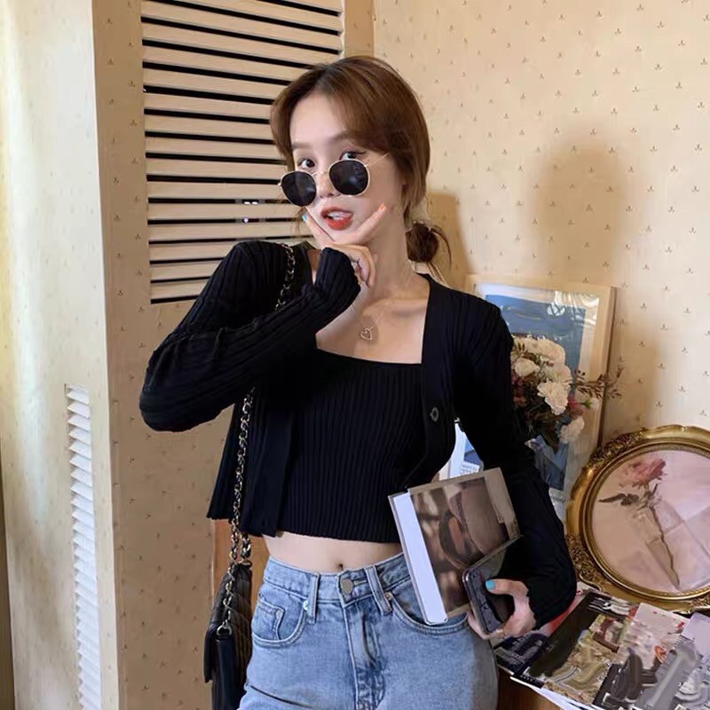 Set áo len hai dây + khoác cardigan thời trang thu đông ulzzang hàn quốc T2B3