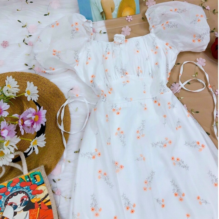 Đầm Nữ dự tiệc MiDi,váy hoa nhí cổ vuông tay bồng xẻ tà - tơ xốp mịn (full 2 lớp) hẹ nhàng sang chảnh thời trang MP