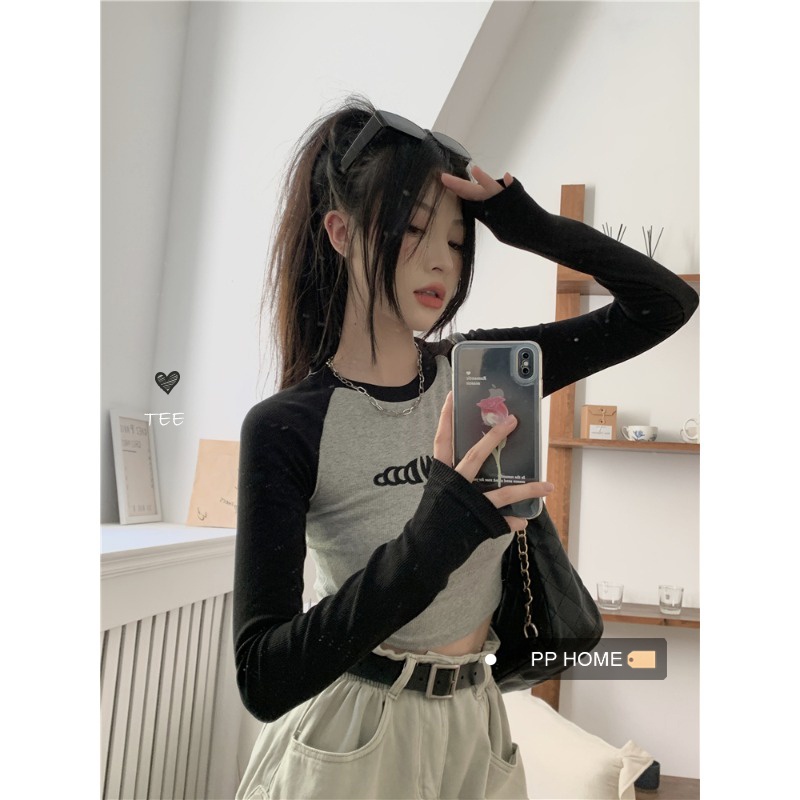 (HÀNG SẴN) Áo thun dài tay mùa thu phối 2 màu tay nổi bật, sáng croptop ôm body cá tính