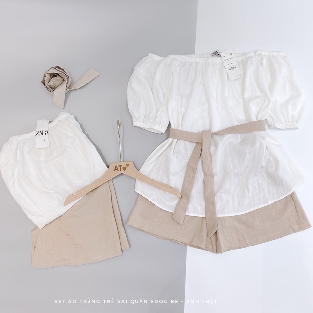 [XU HƯỚNG HÈ] Set áo trễ vai, kiểu đẹp, kết hợp quần sooc be, phong cách sành điệu, giao hàng nhanh, freeship