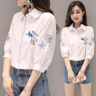 Áo sơ mi trắng tay lỡ thêu hoa/chim cực xinh