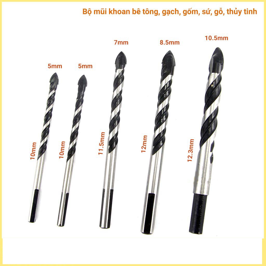 Bộ 5 mũi khoan đa năng mũi thép Tungsten 5-10.5mm khoan trên gạch,gốm,sứ,thủy tinh,bê tông,tường xi măng,đá,nhôm,gỗ