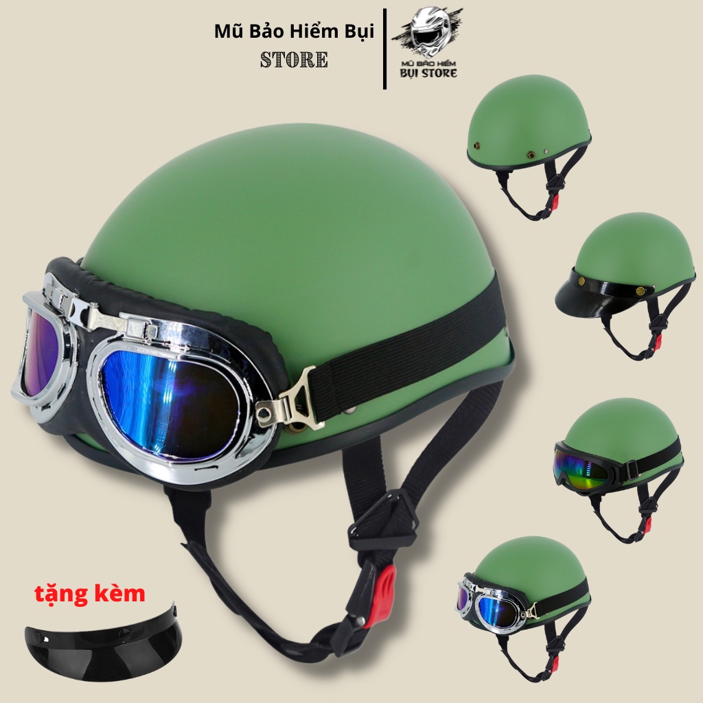 Mũ bảo hiểm nửa đầu 1 2 trơn - Màu xanh lính (tặng kèm lưỡi trai)