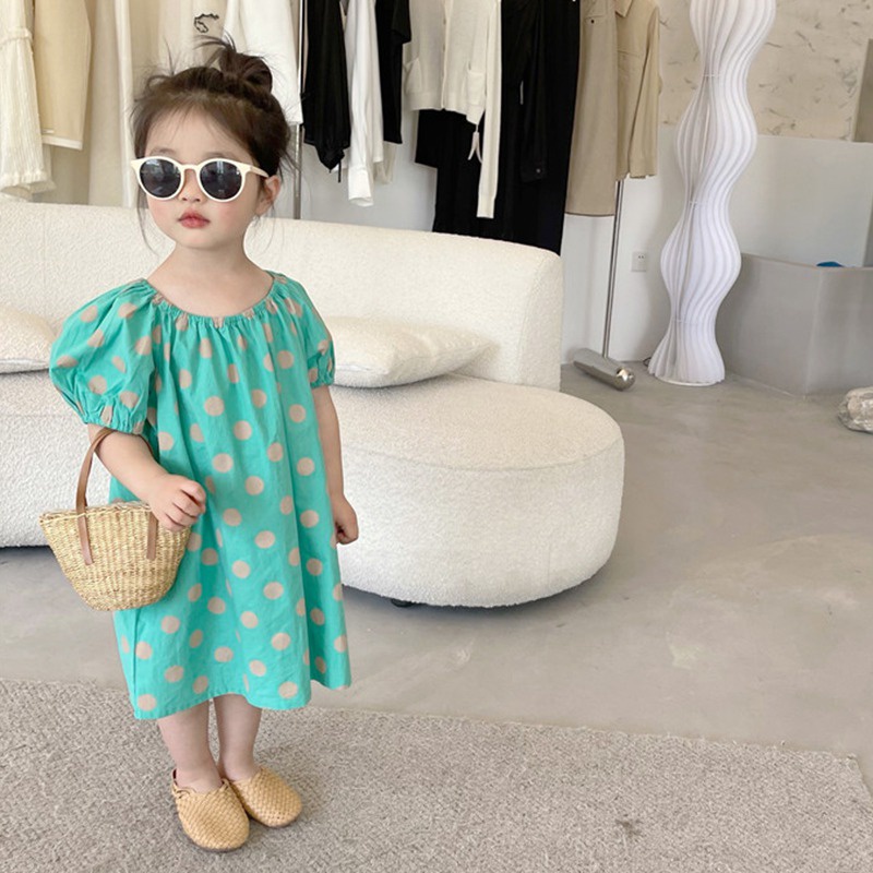 Đầm Công Chúa Tay Phồng Thắt Nơ Họa Tiết Chấm Bi Phong Cách Phương Tây Dễ Thương Dành Cho Bé Gái