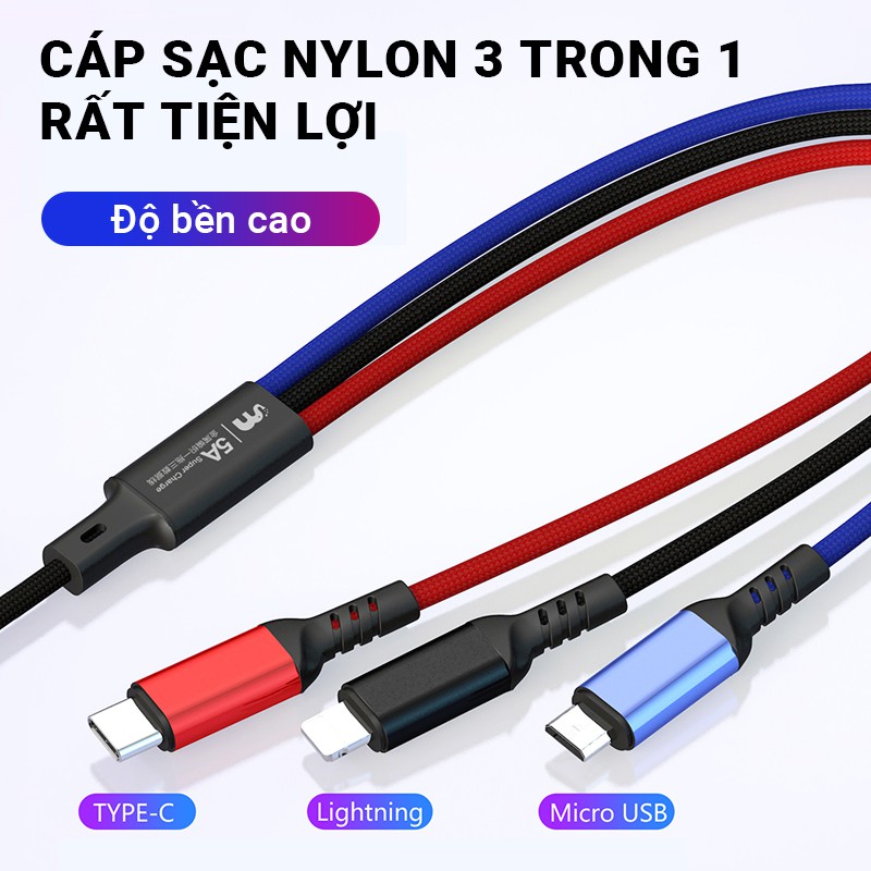 Cáp sạc nhanh 3 IN 1 sạc nhanh 5A LETANG LT-ET-06 đầu cáp hợp kim nhôm chắc chắn, thân cáp bọc sợi nylon BH 1 ĐỔI 1