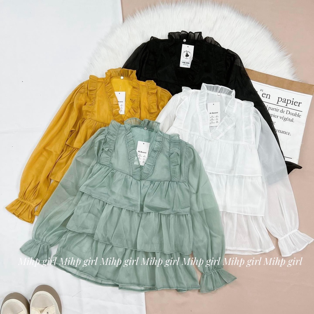 Set bộ nữ áo babydoll tầng  vải tơ hàn mix quần vải tapta lưng chun siêu hottrend
