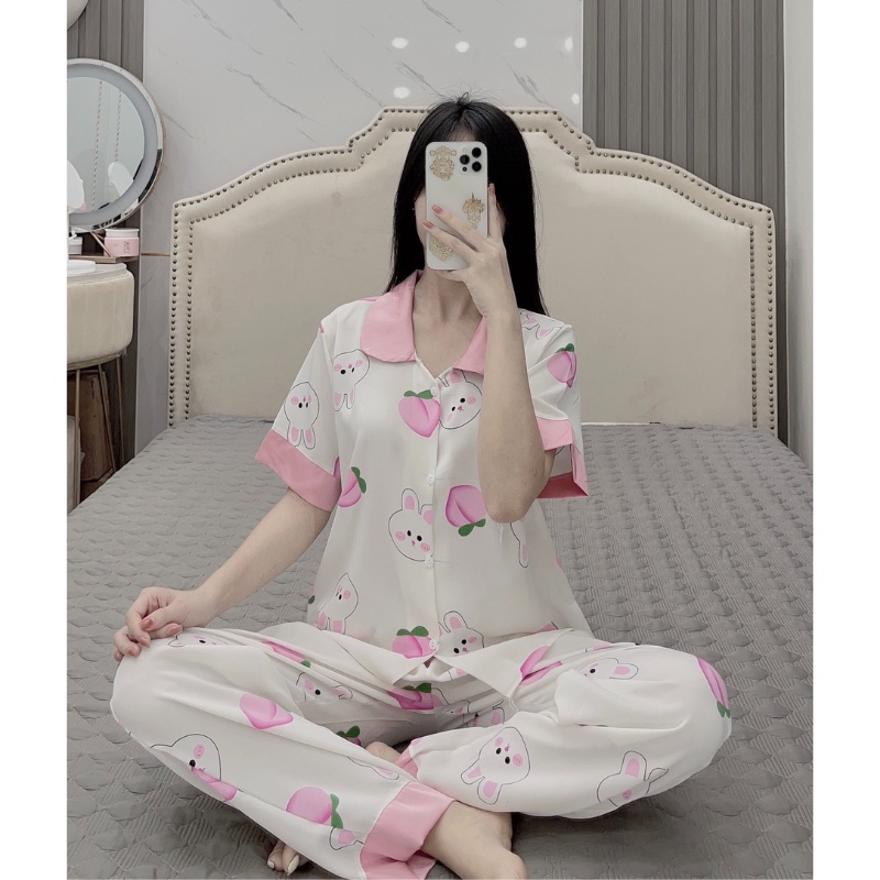 Đồ bộ pijama mặc nhà, đồ bộ nữ cộc tay quần dài chất lụa satin mềm mại, họa tiết xinh xắn | BigBuy360 - bigbuy360.vn