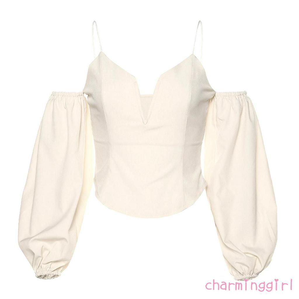 Áo croptop nữ cổ chữ V tay áo kiểu lồng đèn thời trang quyến rũ