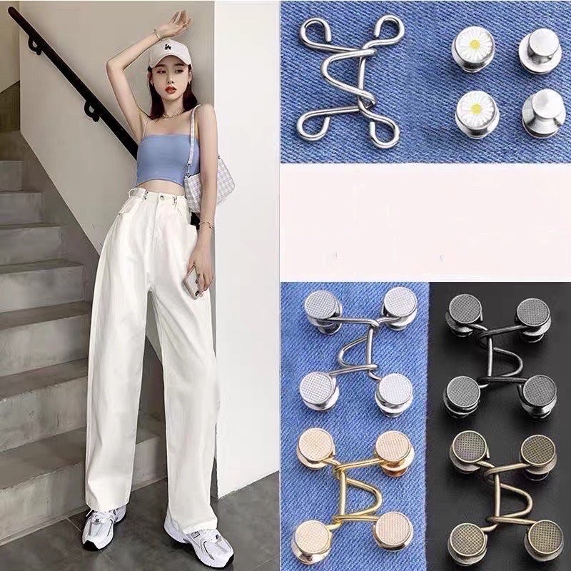 Quần jean nữ phối khuy gài eo cạp cao phong cách Ulzzang Hàn Quốc hai màu đen trắng ngầu chất