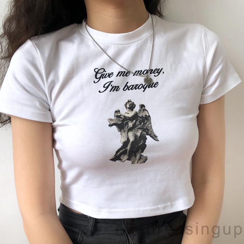 Áo Thun Lửng Ngắn Tay Cổ Tròn In Họa Tiết Cá Tính Dành Cho Nữ