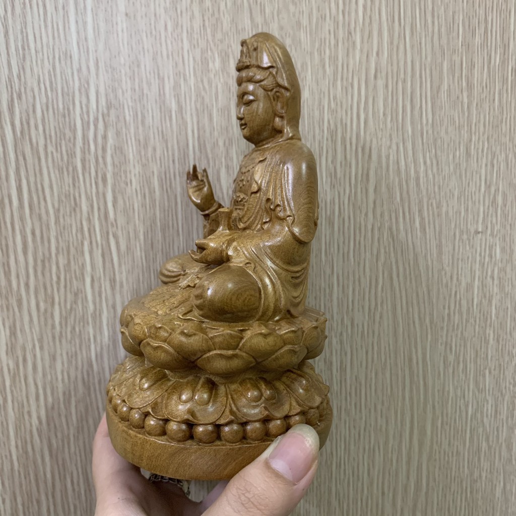 Tượng Phật Quan Âm Ngồi Đài Sen Bằng Gỗ Hương Gỗ Bach Xanh Đặt Taplo Ô Tô Bàn Làm Việc